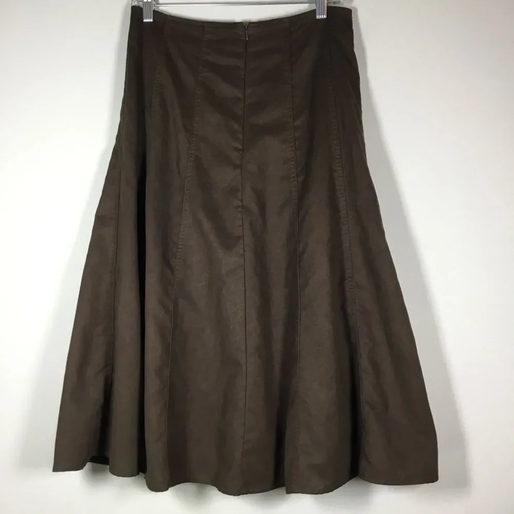 Brown faux vegan suede western prairie a line skirt satin liner size 6 waist 30”